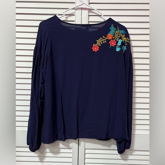 JodiFl Blouse Blue Small Embroidery Floral Rayon Chest 21” Length 24” - Picture 3 of 7